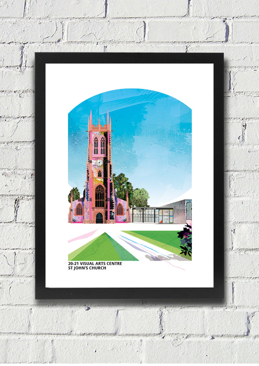 20-21 Visual Arts Centre art print by Vicki Shortt, the former St John's Church, now an arts centre, in Scunthorpe, in a black frame