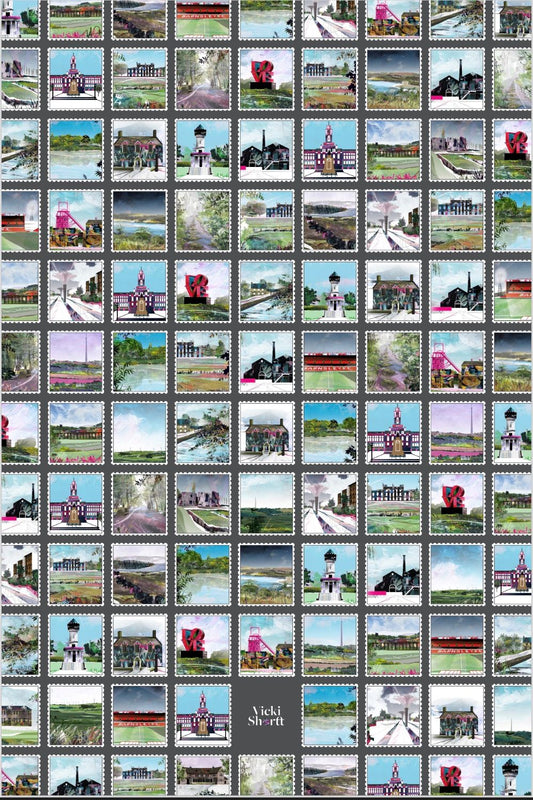 Barnsley Stamps Landscapes art tea towel by Vicki Shortt
