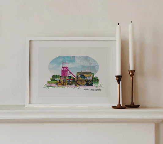 Barnsley Main Colliery art print by Vicki Shortt, the preserved pit headgear of the old colliery, framed in a room setting
