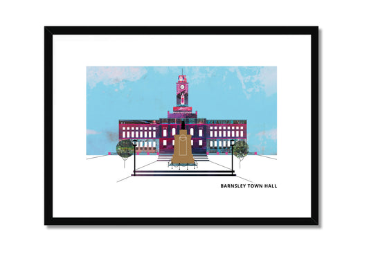 Barnsley Town Hall art print by Vicki Shortt, the Portland stone civic building in the town centre, in a black frame