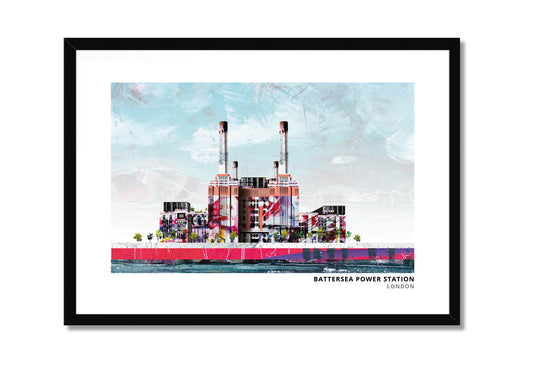 Battersea Power Station art print by Vicki Shortt, the four white chimneys of Battersea Power Station, London, in a black frame