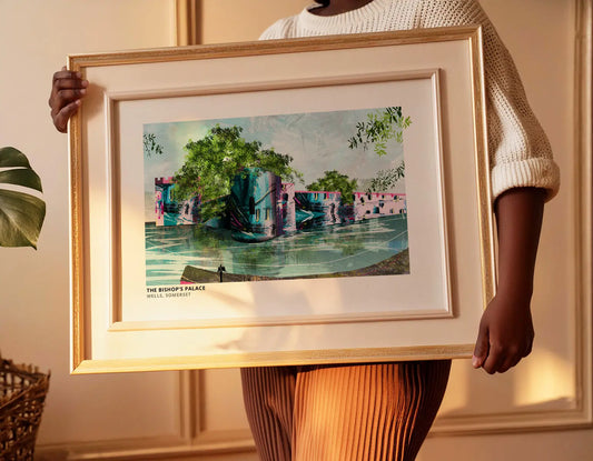 Bishop's Palace, Wells art print by Vicki Shortt, the moated palace beside the cathedral, framed in a room setting