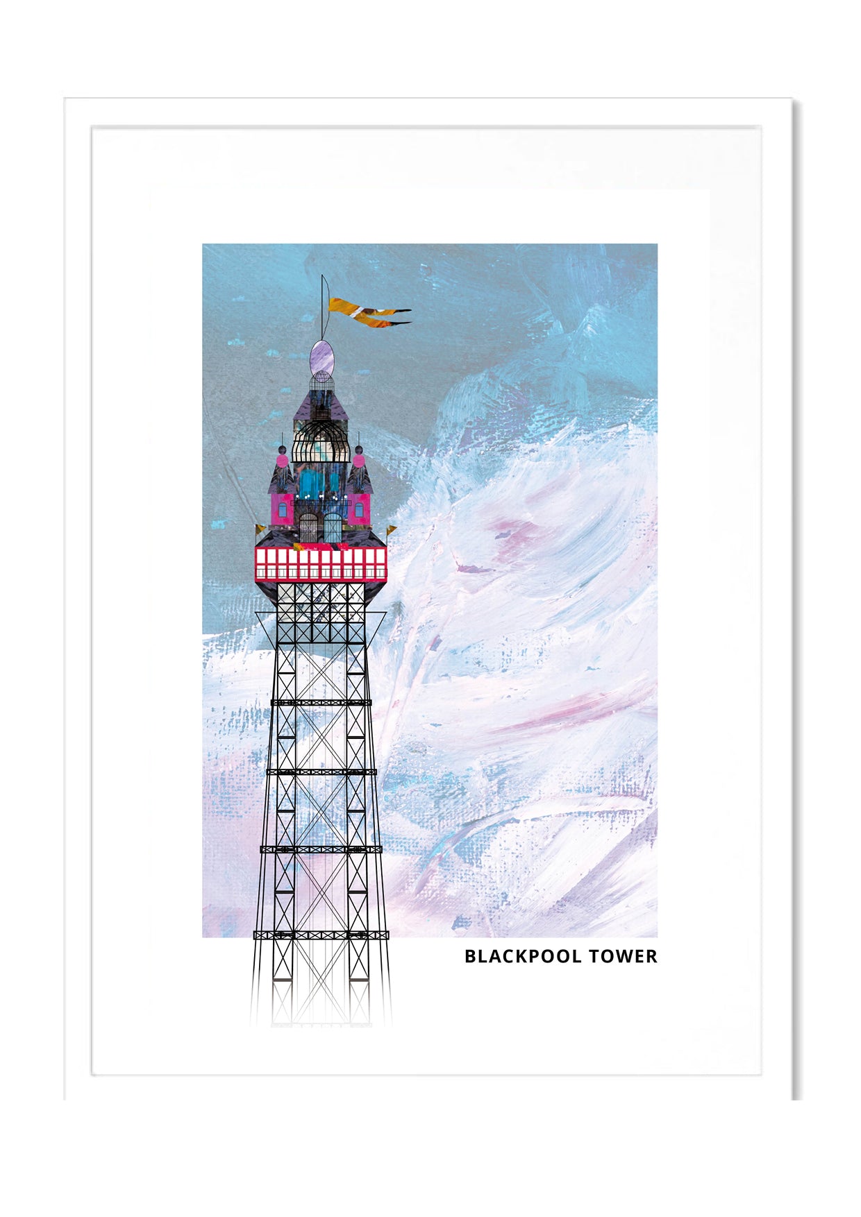 Blackpool Tower art print by Vicki Shortt, the tower rising above the Blackpool seafront, Lancashire, in a white frame