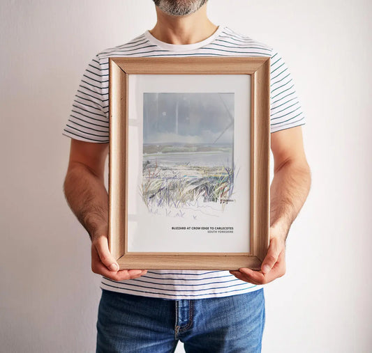 Blizzard at Crow Edge art print by Vicki Shortt, a snowstorm over the moors between Crow Edge and Carlecotes, South Yorkshire, framed in a room setting