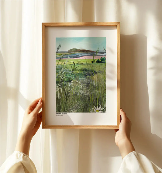 Brean Down art print by Vicki Shortt, the limestone headland reaching into the Bristol Channel in Somerset, framed in a room setting