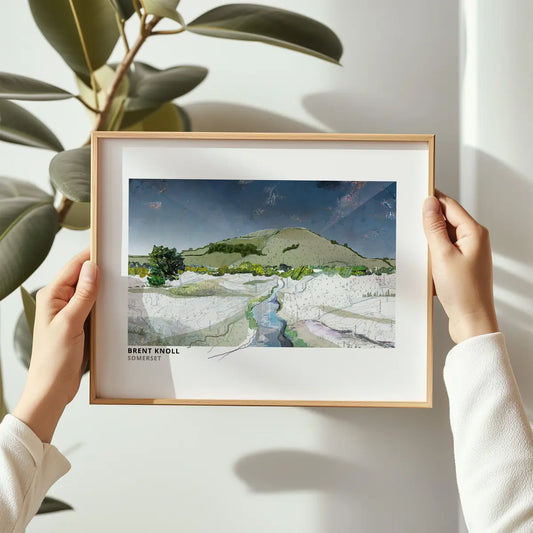 Brent Knoll art print by Vicki Shortt, the isolated hill rising from the Somerset Levels, framed in a room setting