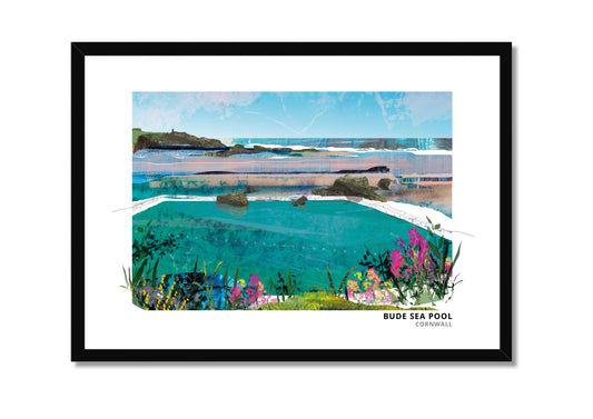 Bude Sea Pool art print by Vicki Shortt, the tidal sea pool on the rocks at Bude, Cornwall, in a black frame