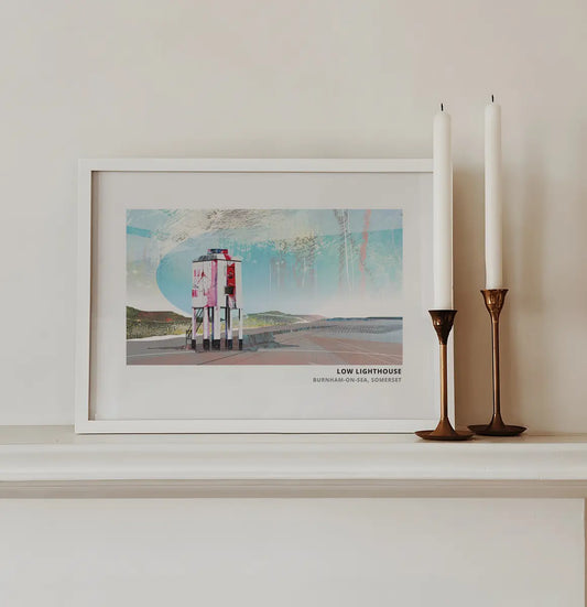 Burnham Lighthouse art print by Vicki Shortt, the wooden low lighthouse standing on the sands at Burnham-on-Sea, Somerset, framed in a room setting