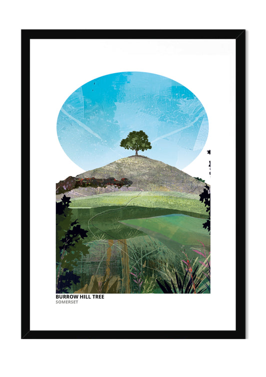 Burrow Hill Tree art print by Vicki Shortt, Greens colourway, the lone tree on the crown of Burrow Hill in Somerset, in a black frame