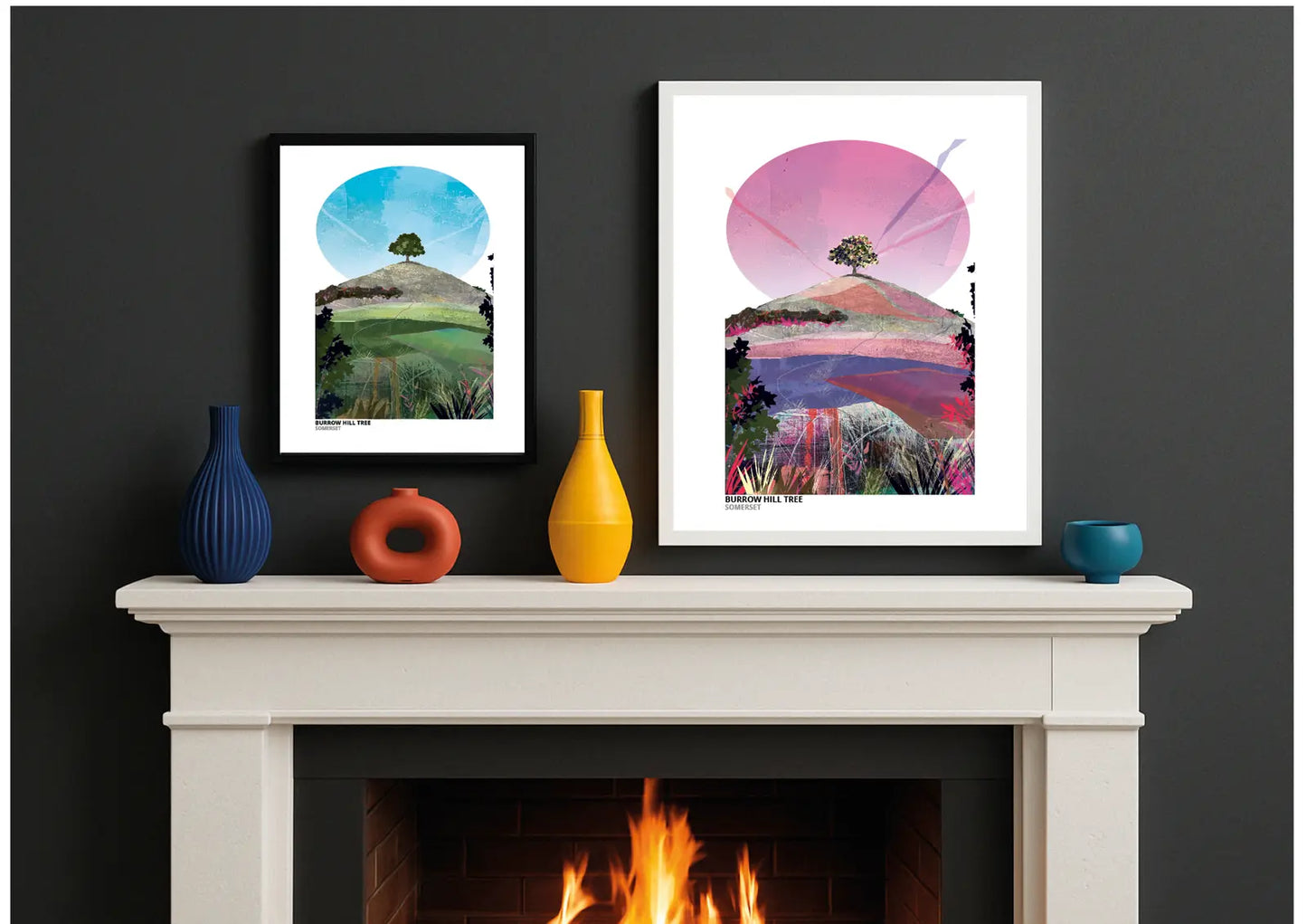 Burrow Hill Tree art print by Vicki Shortt, the lone tree on the crown of Burrow Hill in Somerset, framed in a room setting