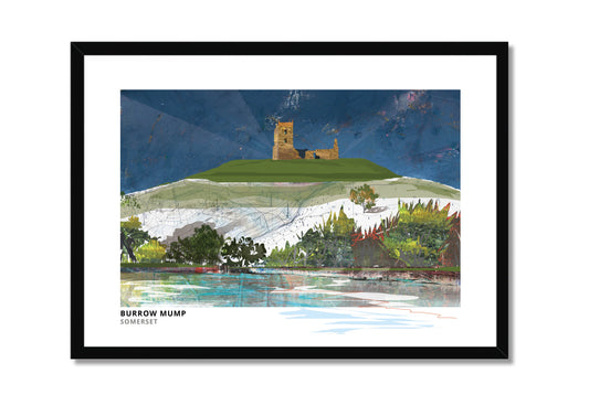 Burrow Mump art print by Vicki Shortt, the ruined church on its mound above the Somerset Levels, in a black frame