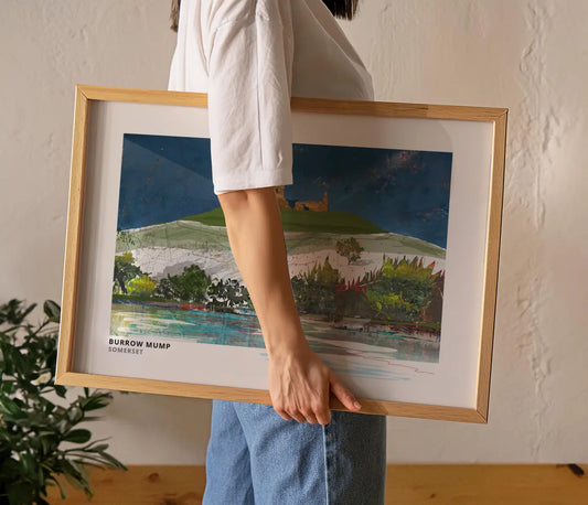 Burrow Mump art print by Vicki Shortt, the ruined church on its mound above the Somerset Levels, framed in a room setting
