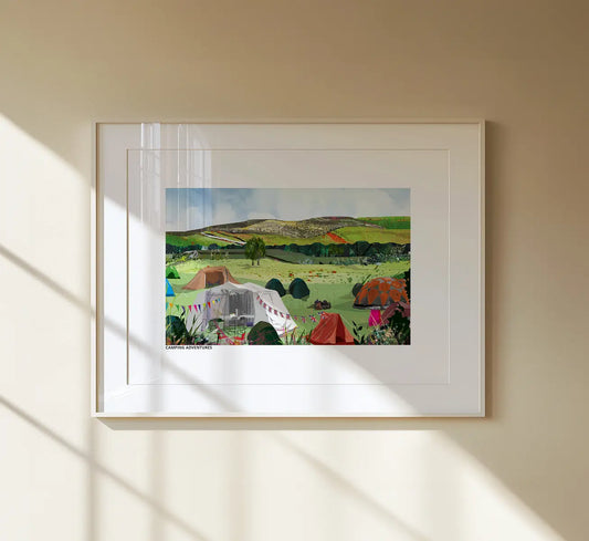 Camping Adventures art print by Vicki Shortt, an illustrated camping scene, framed in a room setting