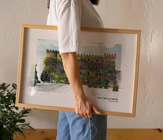 Castle Hotel, Taunton art print by Vicki Shortt, the wisteria-clad hotel in the town centre, framed in a room setting