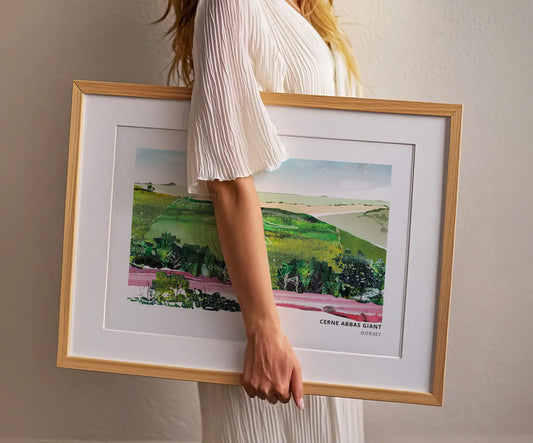 Cerne Abbas Giant art print by Vicki Shortt, the chalk hill figure above Cerne Abbas, Dorset, framed in a room setting