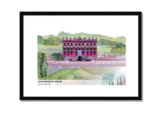 Chatsworth House art print by Vicki Shortt, the Derbyshire seat of the Dukes of Devonshire in its parkland, in a black frame