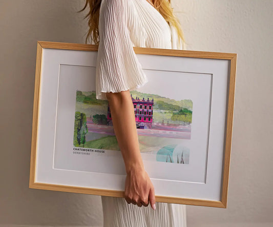 Chatsworth House art print by Vicki Shortt, the Derbyshire seat of the Dukes of Devonshire in its parkland, framed in a room setting