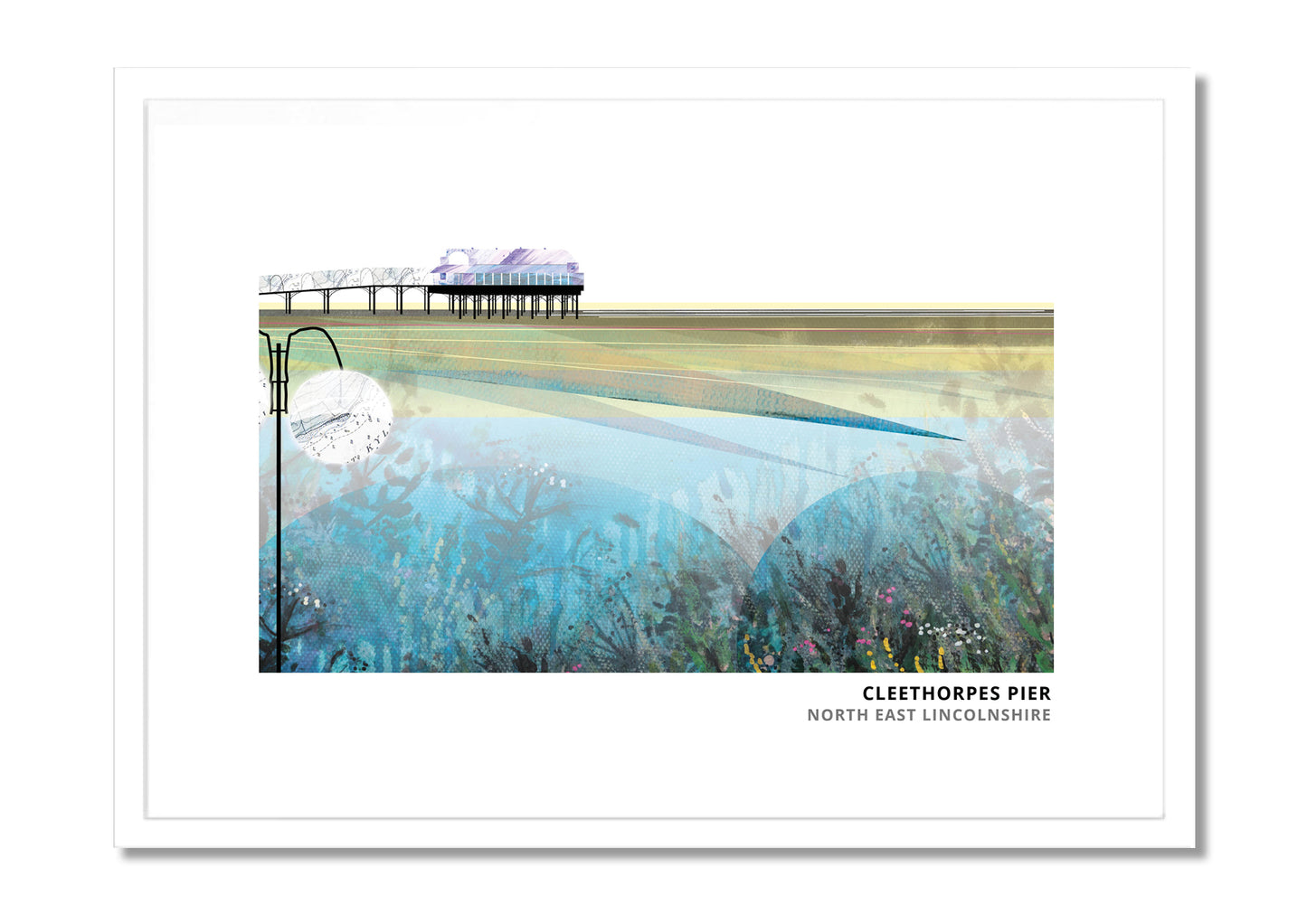 Cleethorpes Pier art print by Vicki Shortt, the pier on the seafront at Cleethorpes, North East Lincolnshire, in a white frame