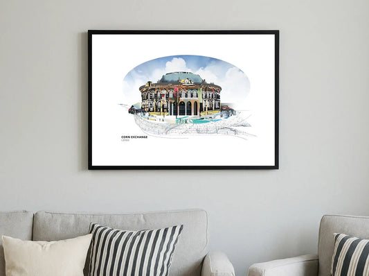 Corn Exchange Leeds art print by Vicki Shortt, the domed Victorian Corn Exchange in Leeds, framed in a room setting
