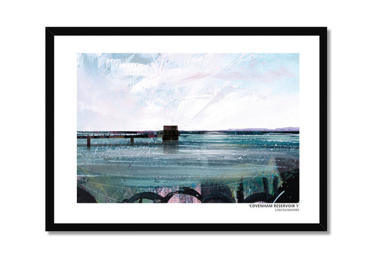 Covenham Reservoir art prints by Vicki Shortt, Design 1, the bank and open water of Covenham Reservoir, Lincolnshire, in a black frame