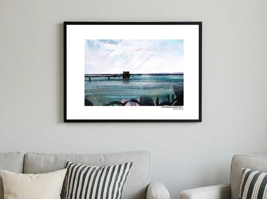 Covenham Reservoir art prints by Vicki Shortt, the bank and open water of Covenham Reservoir, Lincolnshire, Design 1, framed in a room setting
