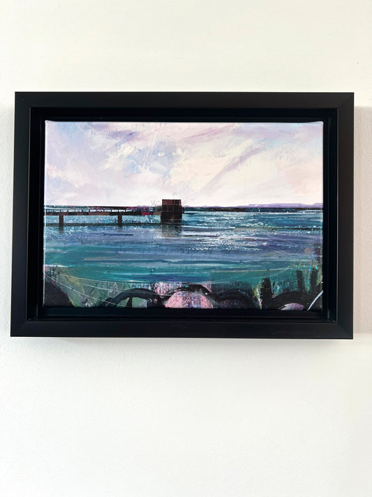 Covenham Reservoir original artwork by Vicki Shortt, the bank and open water of Covenham Reservoir, Lincolnshire, the original as a framed canvas