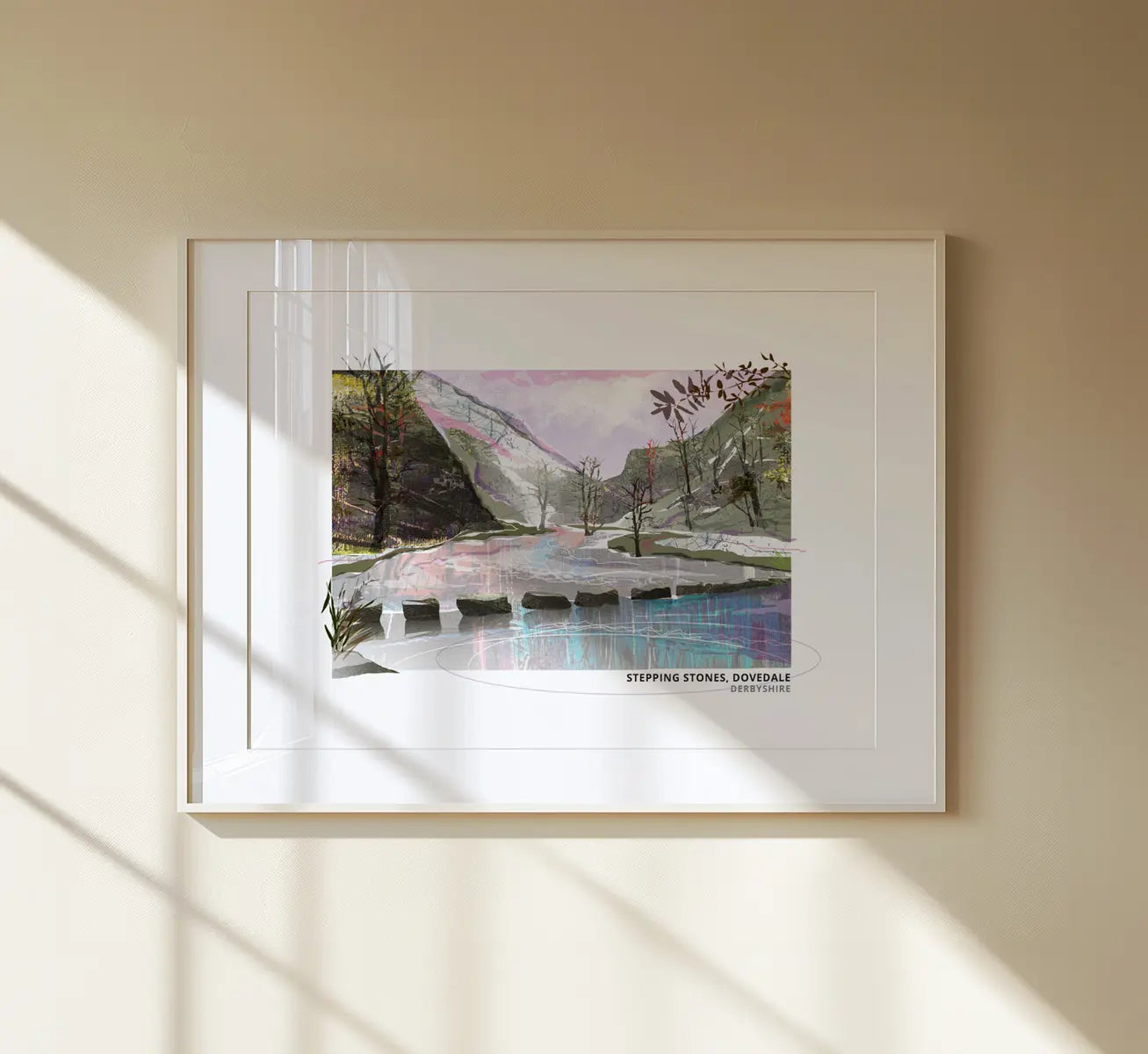 Dovedale Stepping Stones art print by Vicki Shortt, the stepping stones across the River Dove, Derbyshire, autumn and winter design, framed in a room setting