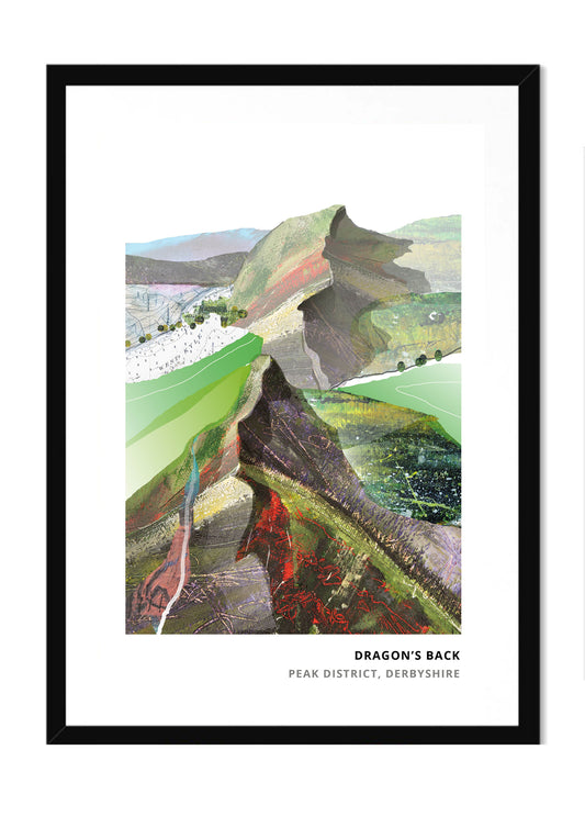 Dragon's Back, Derbyshire art print by Vicki Shortt, the jagged limestone ridge of Chrome Hill in the Peak District, in a black frame