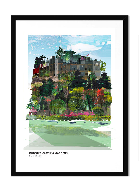 Dunster Castle art print by Vicki Shortt, the castle and gardens above the village of Dunster, Somerset, in a black frame