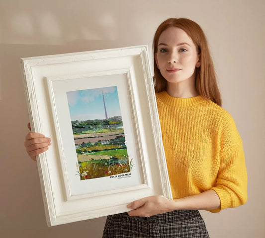 Emley Moor Mast art print by Vicki Shortt, the concrete transmitting tower rising over West Yorkshire, framed in a room setting