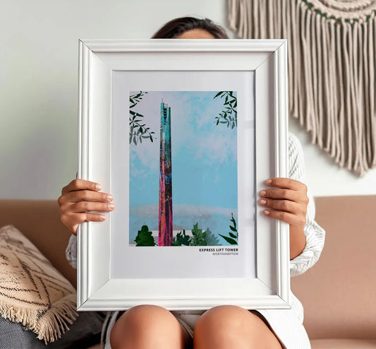 Express Lift Tower art print by Vicki Shortt, the lift-testing tower in Northampton, framed in a room setting