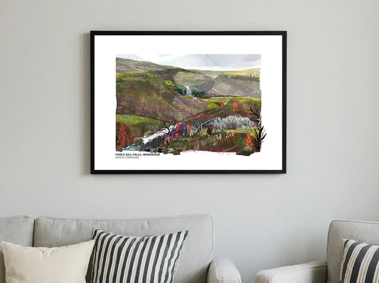 Force Gill Falls, Whernside art print by Vicki Shortt, the waterfall on the flanks of Whernside, North Yorkshire, framed in a room setting