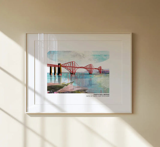 Forth Rail Bridge art print by Vicki Shortt, the red cantilever bridge across the Firth of Forth, framed in a room setting