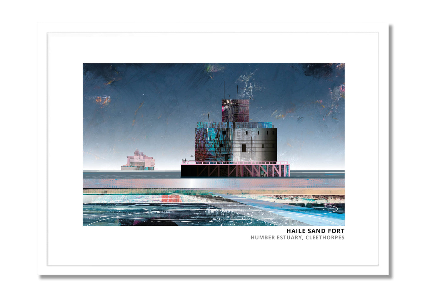 Haile Sand Fort art print by Vicki Shortt, the sea fort standing out in the Humber estuary, in a white frame