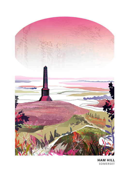 Ham Hill, Yeovil art print by Vicki Shortt, Pink colourway, the hamstone country park and its war memorial