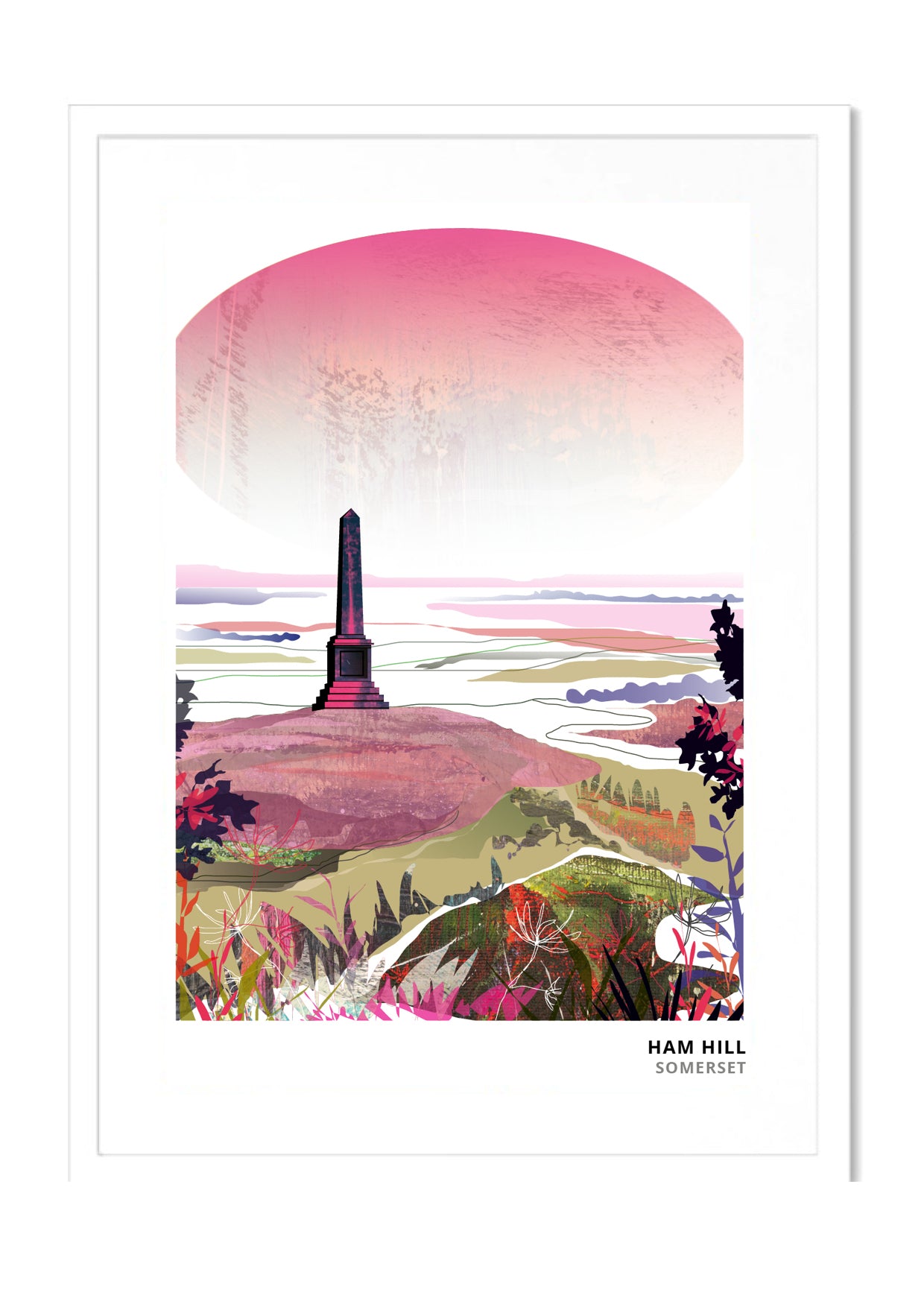 Ham Hill, Yeovil art print by Vicki Shortt, Pink colourway, the hamstone country park and its war memorial, in a white frame