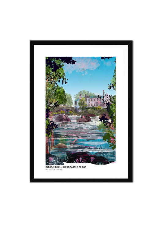 Hardcastle Crags – Gibson Mill art print by Vicki Shortt, the nineteenth-century mill in the wooded valley of Hardcastle Crags, in a black frame