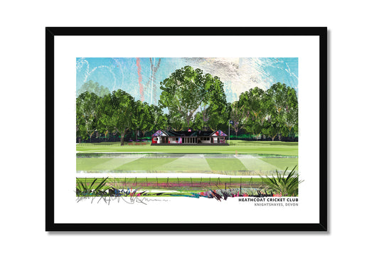 Heathcoat Cricket Club art print by Vicki Shortt, the cricket ground at Knightshayes, Devon, in a black frame