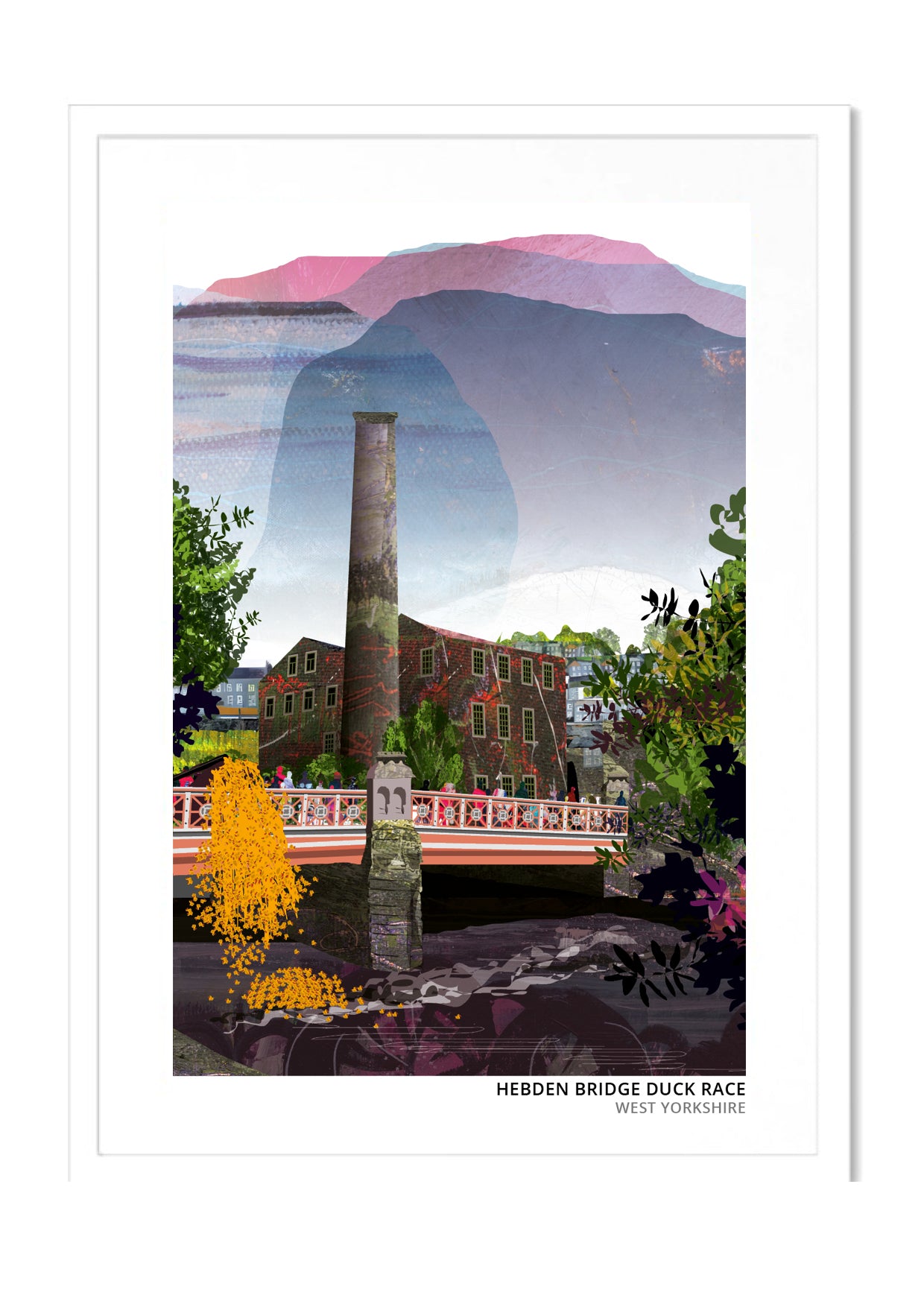 Hebden Bridge Duck Race art print by Vicki Shortt, the annual duck race through Hebden Bridge, West Yorkshire, in a white frame