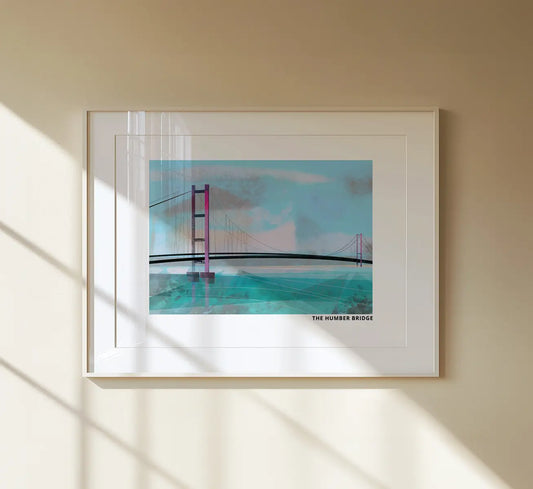 Humber Bridge art print by Vicki Shortt, the suspension bridge spanning the estuary, framed in a room setting