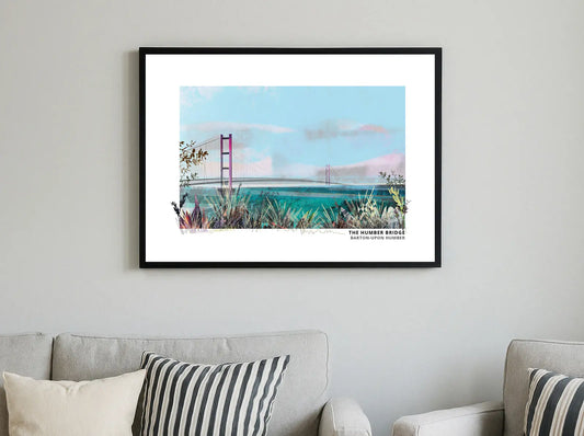 Humber Bridge Barton art print by Vicki Shortt, the suspension bridge seen from the south bank, framed in a room setting