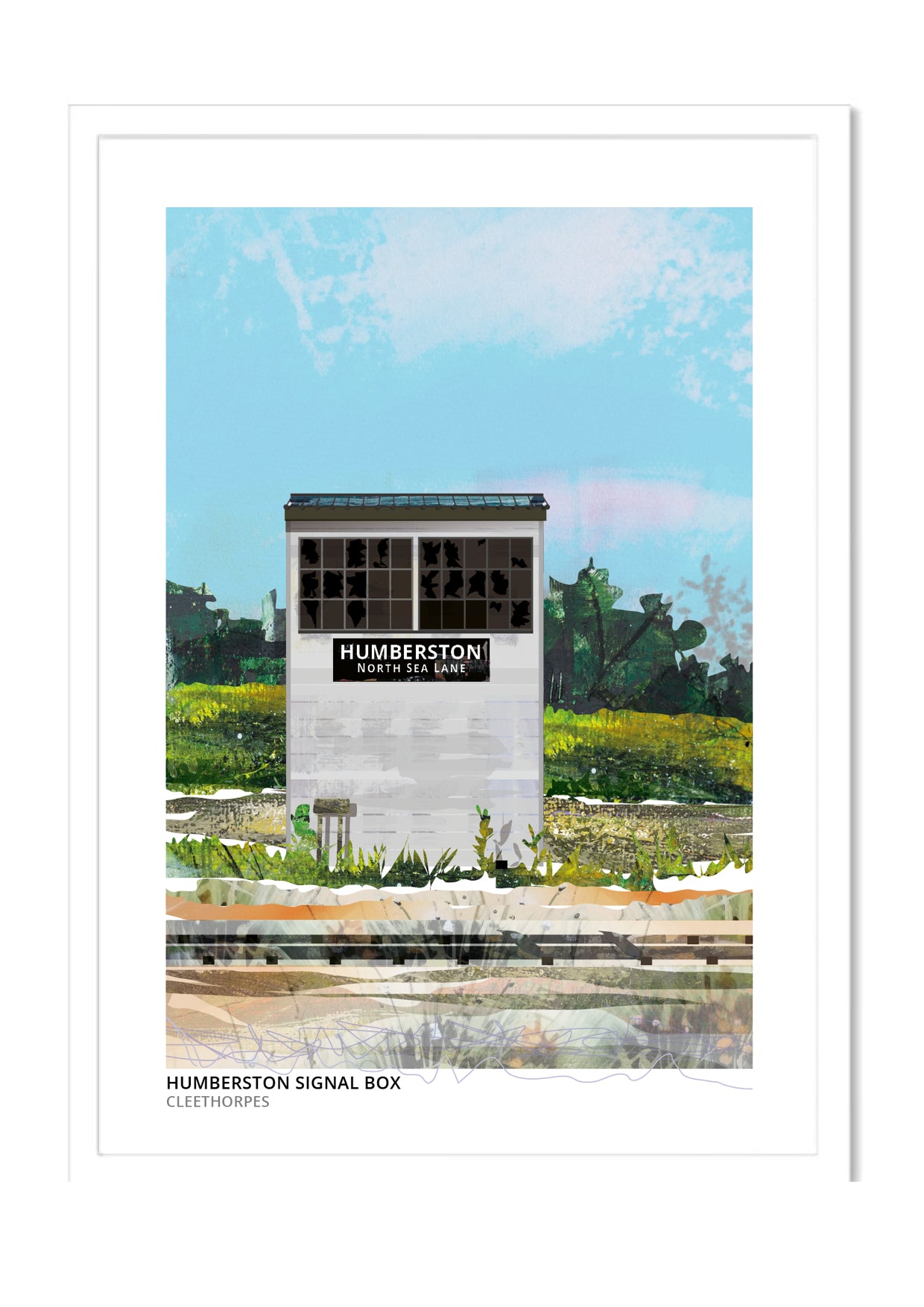 Humberston Signal Box art print by Vicki Shortt, the signal box on the light railway at Humberston, Cleethorpes, in a white frame