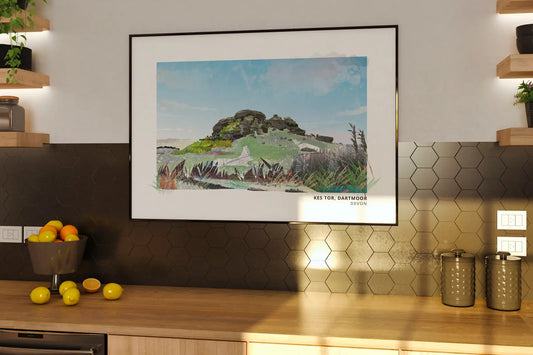 Kes Tor art print by Vicki Shortt, the granite tor on Dartmoor, Devon, framed in a room setting