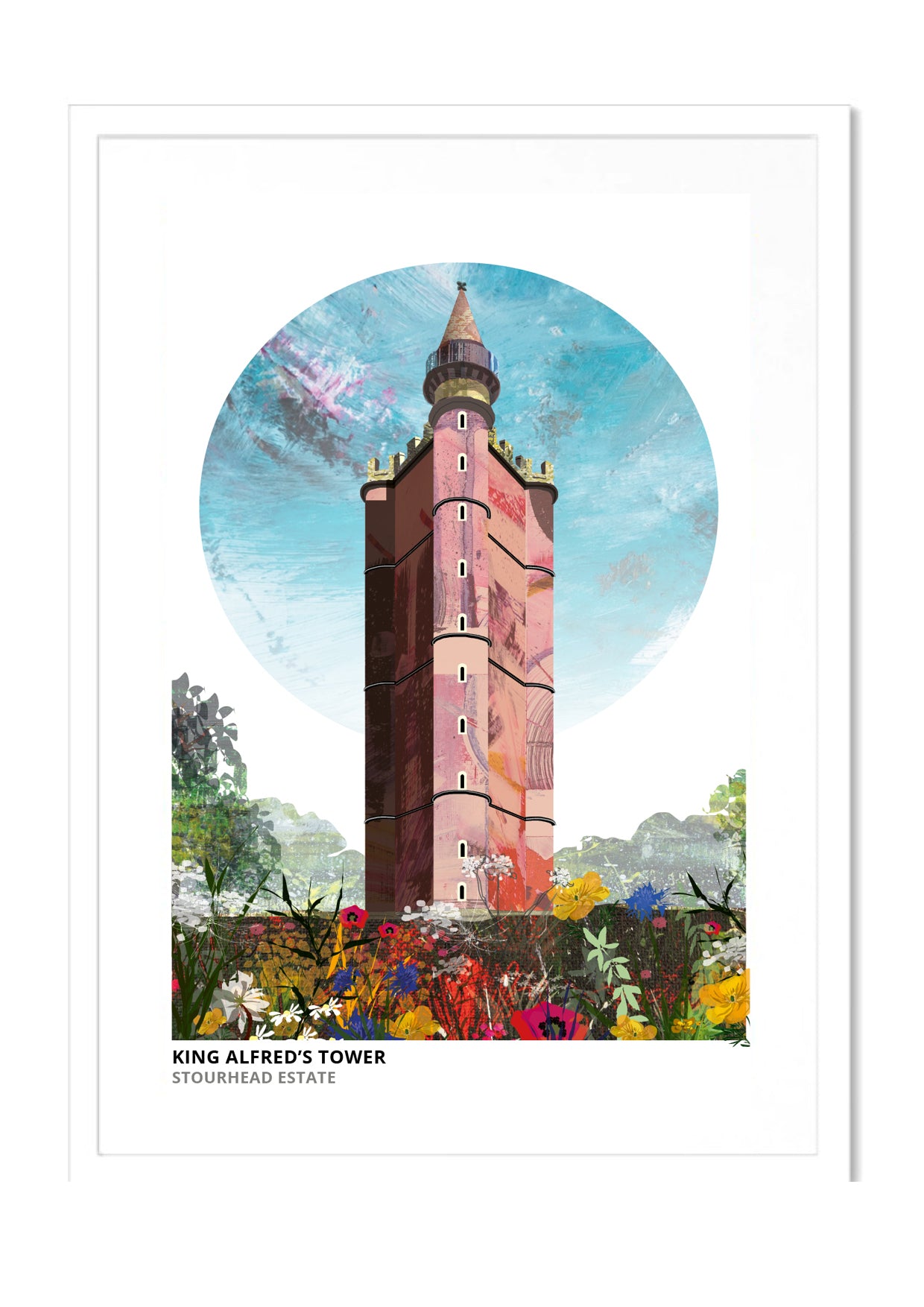King Alfred's Tower art print by Vicki Shortt, the red-brick folly tower on the Stourhead estate, Somerset, in a white frame