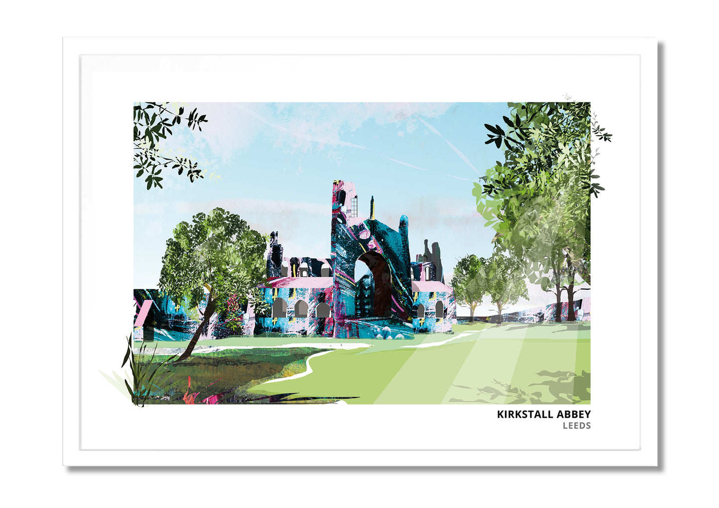 Kirkstall Abbey art print by Vicki Shortt, the Cistercian abbey ruins beside the River Aire in Leeds, in a white frame