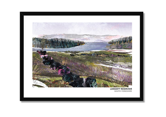 Langsett Reservoir art print by Vicki Shortt, the reservoir on the edge of the Peak District, South Yorkshire, in a black frame