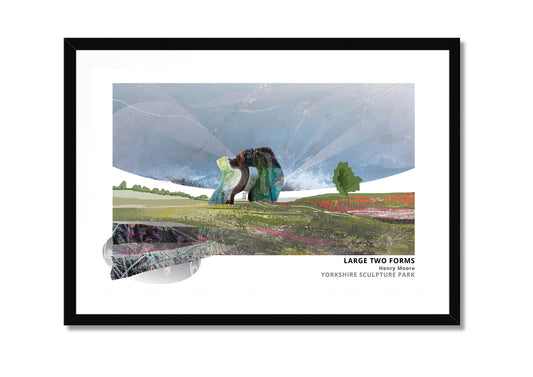 Large Two Forms Sculpture, Yorkshire Sculpture Park art print by Vicki Shortt, Henry Moore's reclining bronze in the park grounds, in a black frame