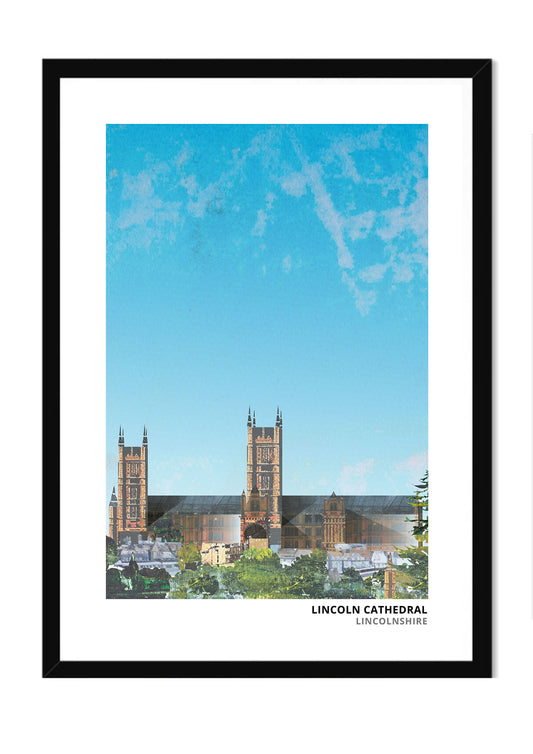 Lincoln Cathedral art print by Vicki Shortt, the three towers of the cathedral above the city of Lincoln, in a black frame