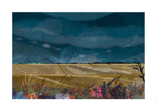 Lincolnshire Landscape art print by Vicki Shortt, the wide flat fields and big skies of the Lincolnshire landscape, Design 2, with a path