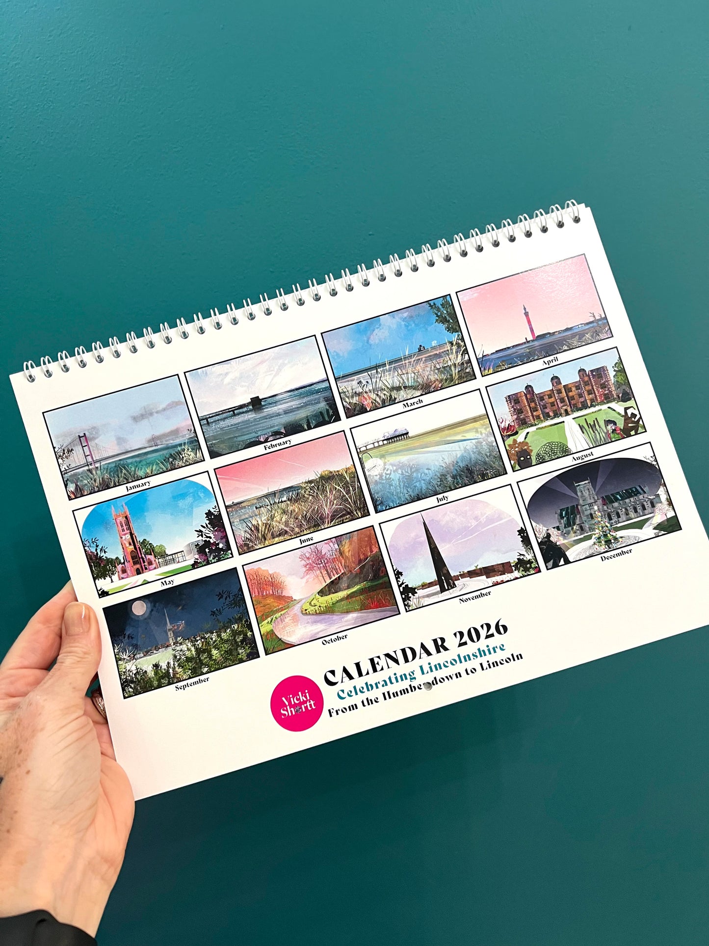 Lincolnshire landscapes art calendar by Vicki Shortt, twelve Lincolnshire landscape designs for the 2026 year, the back page showing all twelve months